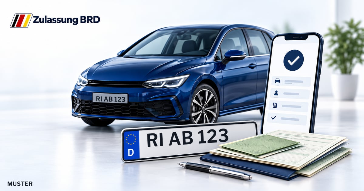 Online Fahrzeugzulassung in Landkreis Schaumburg: Musterkennzeichen RI AB 123, Auto und Fahrzeugpapiere und Smartphone. Illustration mit Logo von Zulassung BRD.
